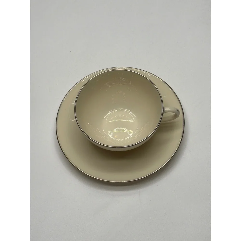 Lenox Olympia Fine China Cup and Saucer Set Cream Silver Rim‎ Made USA X-303P